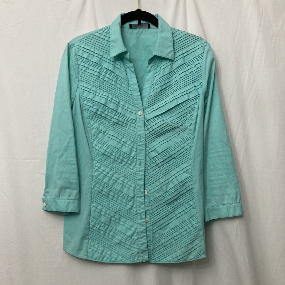 Lafayette 148 Turquoise Chevron Pattern Long Sleeve‎ Button-Up Top - SZ 8